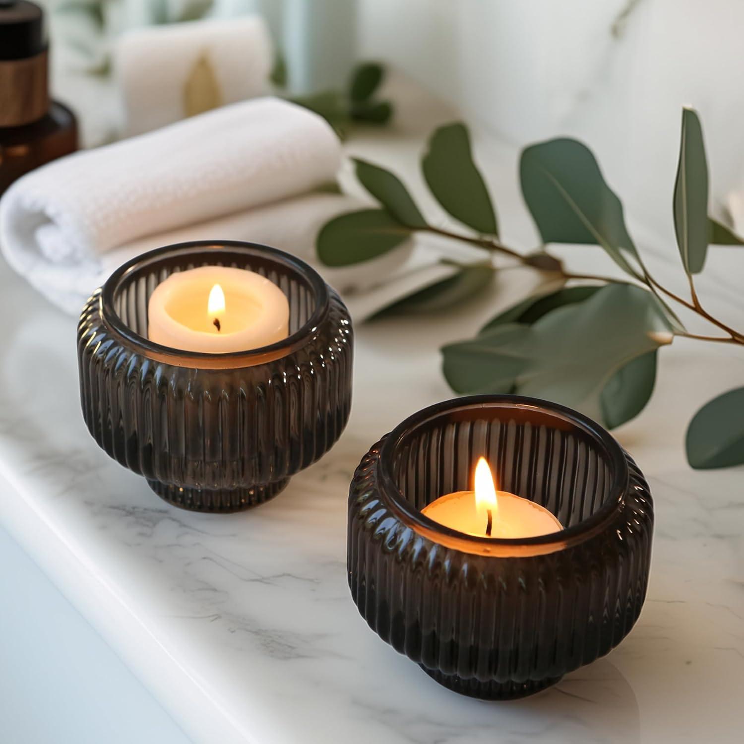 imageKate Aspen Rose Gold Taper Candle Holders for Candlesticks Set of 4 Ribbed Glass Candlestick Holders Votive Candle Holder Decor Accents Pink Room Styling Wedding ampamp Home Centerpieces Table DecorSmoke Grey