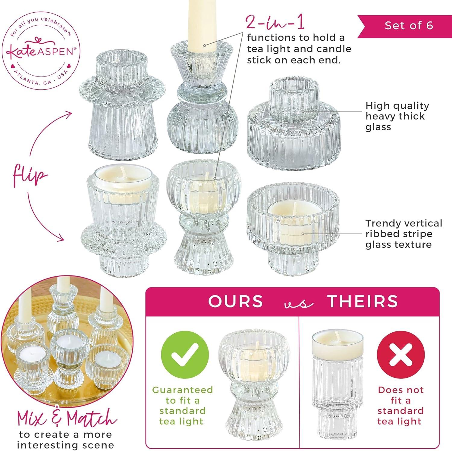 imageKate Aspen Rose Gold Taper Candle Holders for Candlesticks Set of 4 Ribbed Glass Candlestick Holders Votive Candle Holder Decor Accents Pink Room Styling Wedding ampamp Home Centerpieces Table DecorClear