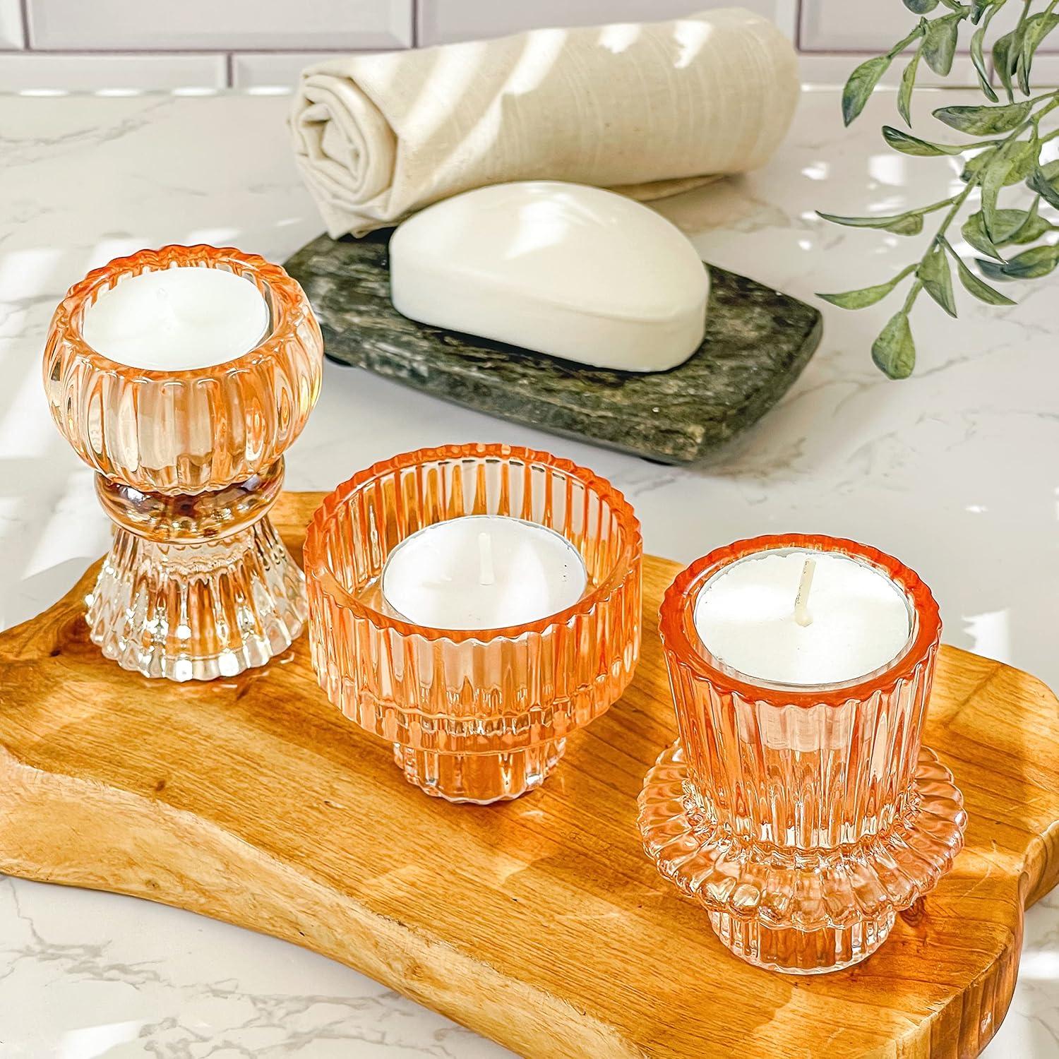 imageKate Aspen Rose Gold Taper Candle Holders for Candlesticks Set of 4 Ribbed Glass Candlestick Holders Votive Candle Holder Decor Accents Pink Room Styling Wedding ampamp Home Centerpieces Table DecorRose Gold