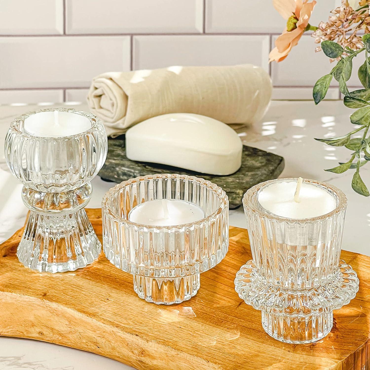 imageKate Aspen Rose Gold Taper Candle Holders for Candlesticks Set of 4 Ribbed Glass Candlestick Holders Votive Candle Holder Decor Accents Pink Room Styling Wedding ampamp Home Centerpieces Table DecorClear