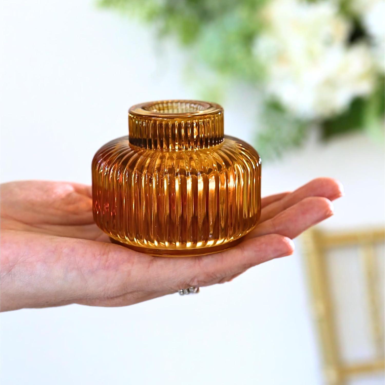 imageKate Aspen Rose Gold Taper Candle Holders for Candlesticks Set of 4 Ribbed Glass Candlestick Holders Votive Candle Holder Decor Accents Pink Room Styling Wedding ampamp Home Centerpieces Table DecorAmber