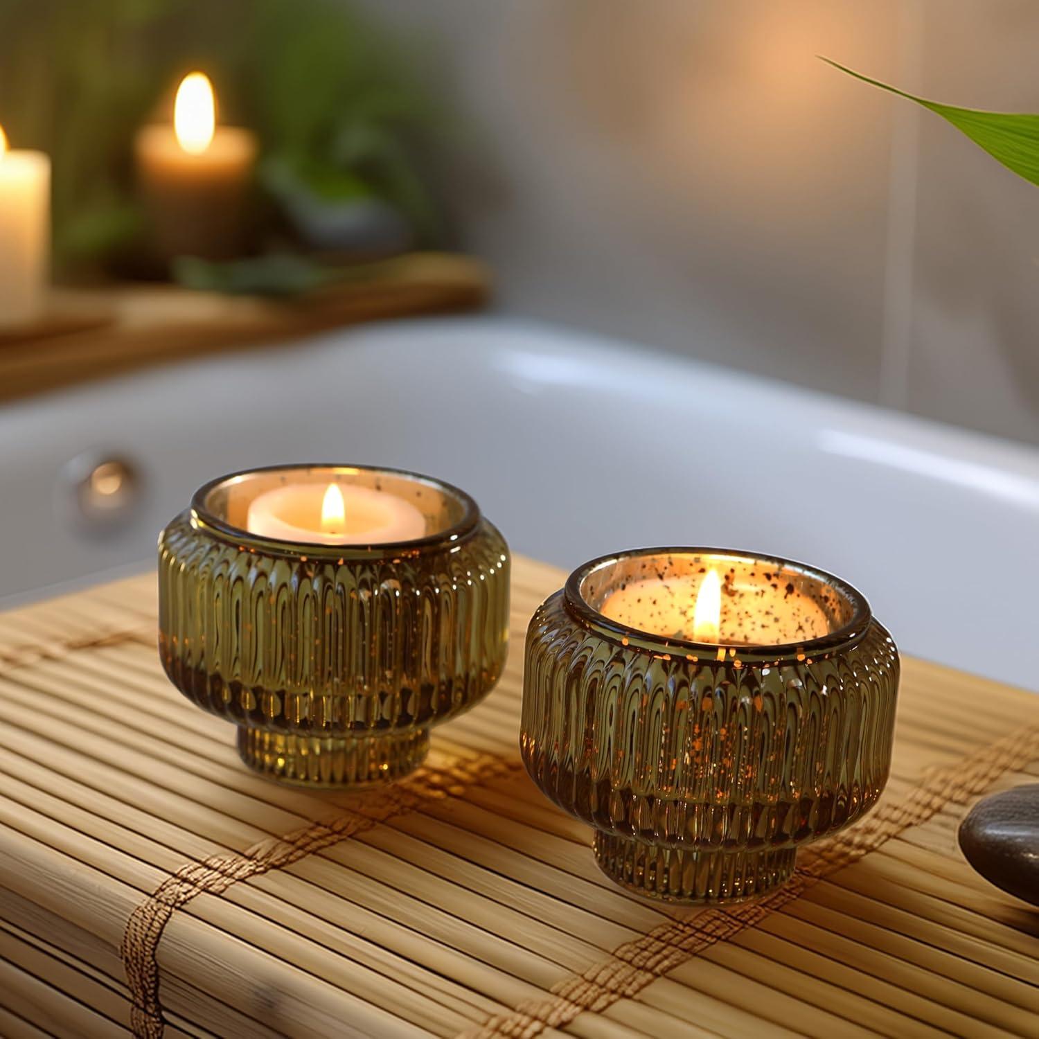 imageKate Aspen Rose Gold Taper Candle Holders for Candlesticks Set of 4 Ribbed Glass Candlestick Holders Votive Candle Holder Decor Accents Pink Room Styling Wedding ampamp Home Centerpieces Table DecorGold