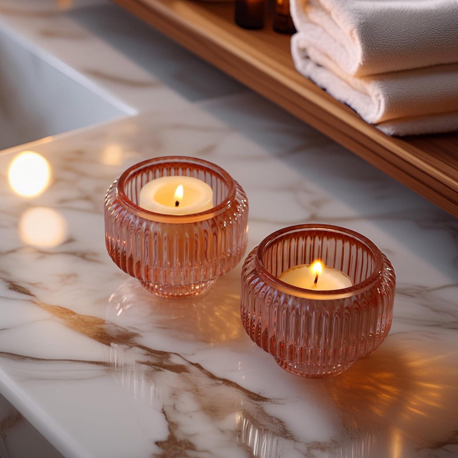 imageKate Aspen Rose Gold Taper Candle Holders for Candlesticks Set of 4 Ribbed Glass Candlestick Holders Votive Candle Holder Decor Accents Pink Room Styling Wedding ampamp Home Centerpieces Table DecorRose Gold