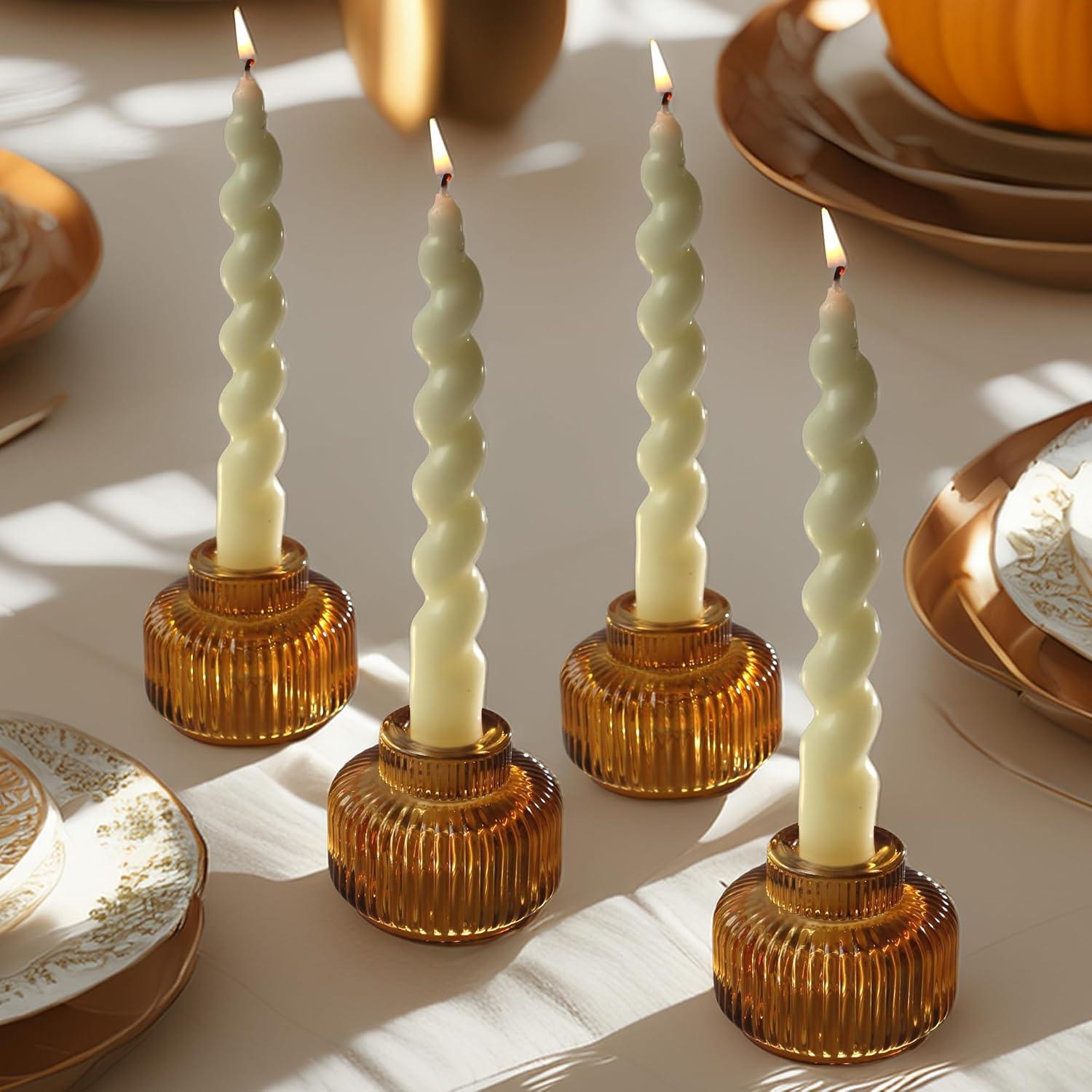 imageKate Aspen Rose Gold Taper Candle Holders for Candlesticks Set of 4 Ribbed Glass Candlestick Holders Votive Candle Holder Decor Accents Pink Room Styling Wedding ampamp Home Centerpieces Table DecorAmber