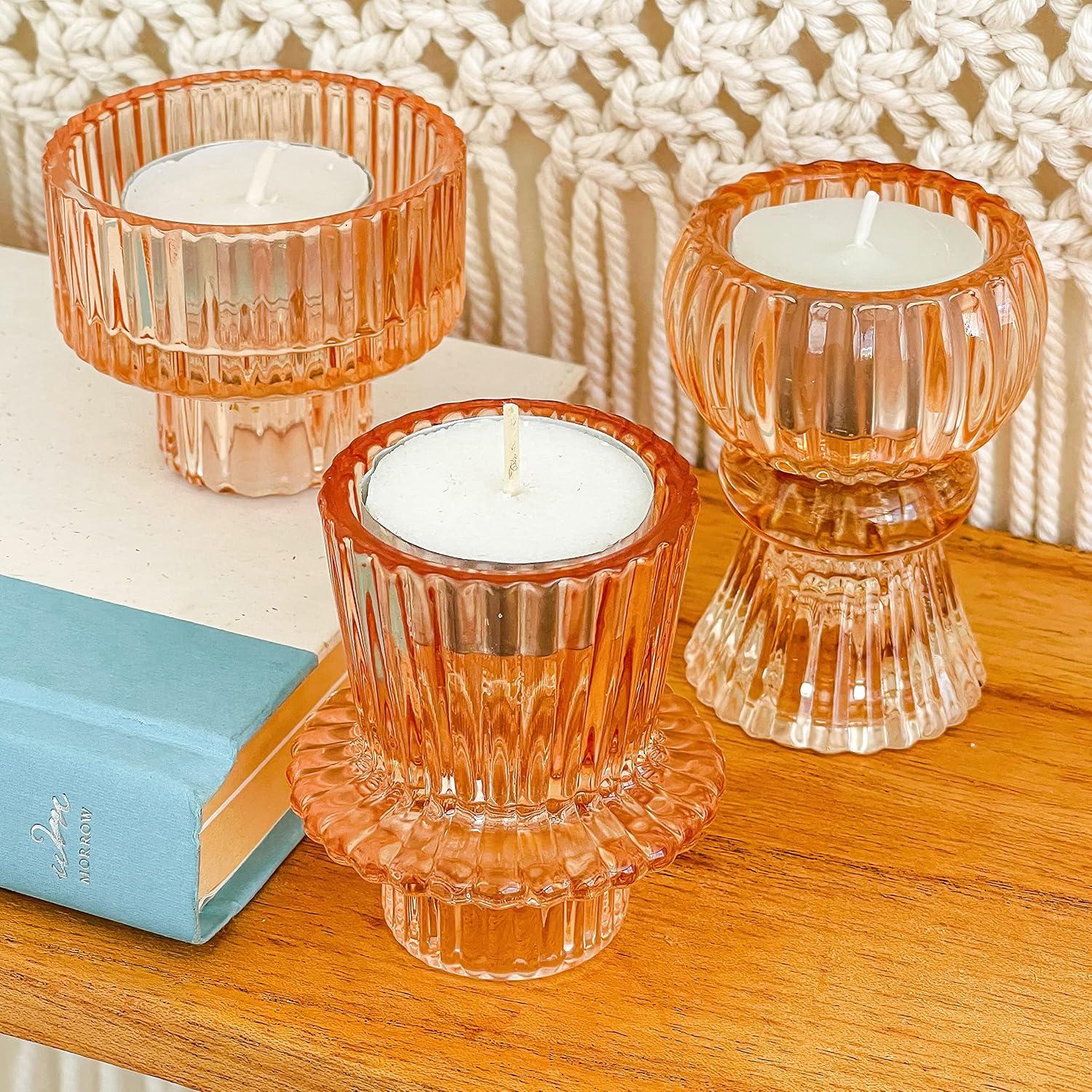 imageKate Aspen Rose Gold Taper Candle Holders for Candlesticks Set of 4 Ribbed Glass Candlestick Holders Votive Candle Holder Decor Accents Pink Room Styling Wedding ampamp Home Centerpieces Table DecorRose Gold