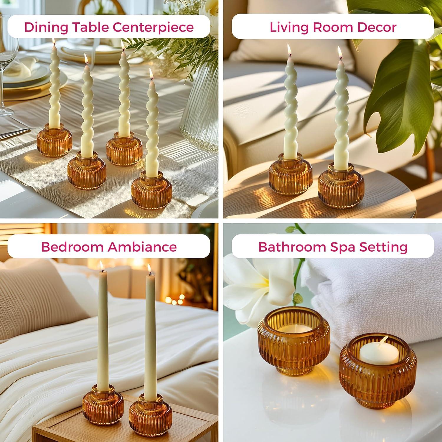 imageKate Aspen Rose Gold Taper Candle Holders for Candlesticks Set of 4 Ribbed Glass Candlestick Holders Votive Candle Holder Decor Accents Pink Room Styling Wedding ampamp Home Centerpieces Table DecorAmber