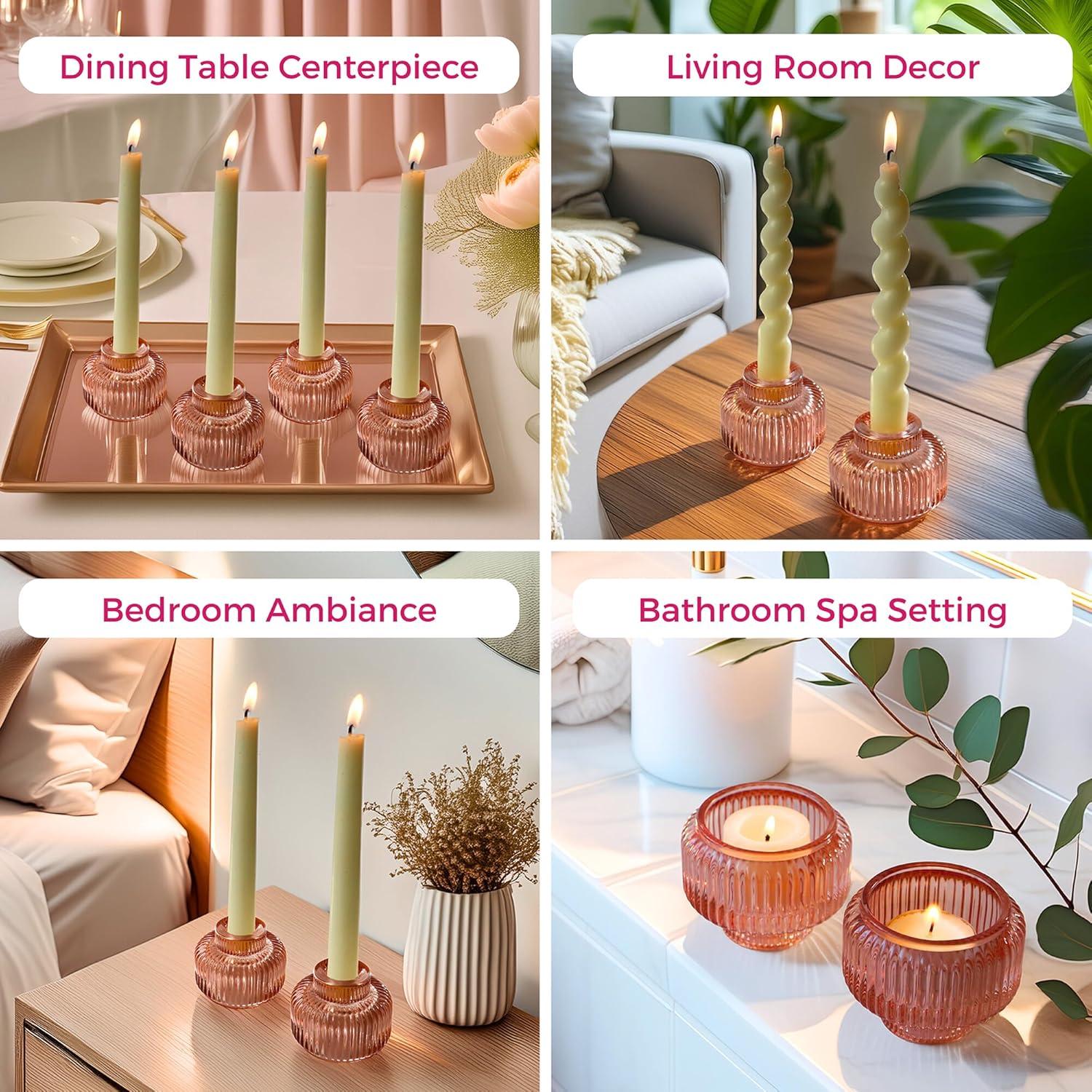 imageKate Aspen Rose Gold Taper Candle Holders for Candlesticks Set of 4 Ribbed Glass Candlestick Holders Votive Candle Holder Decor Accents Pink Room Styling Wedding ampamp Home Centerpieces Table DecorRose Gold