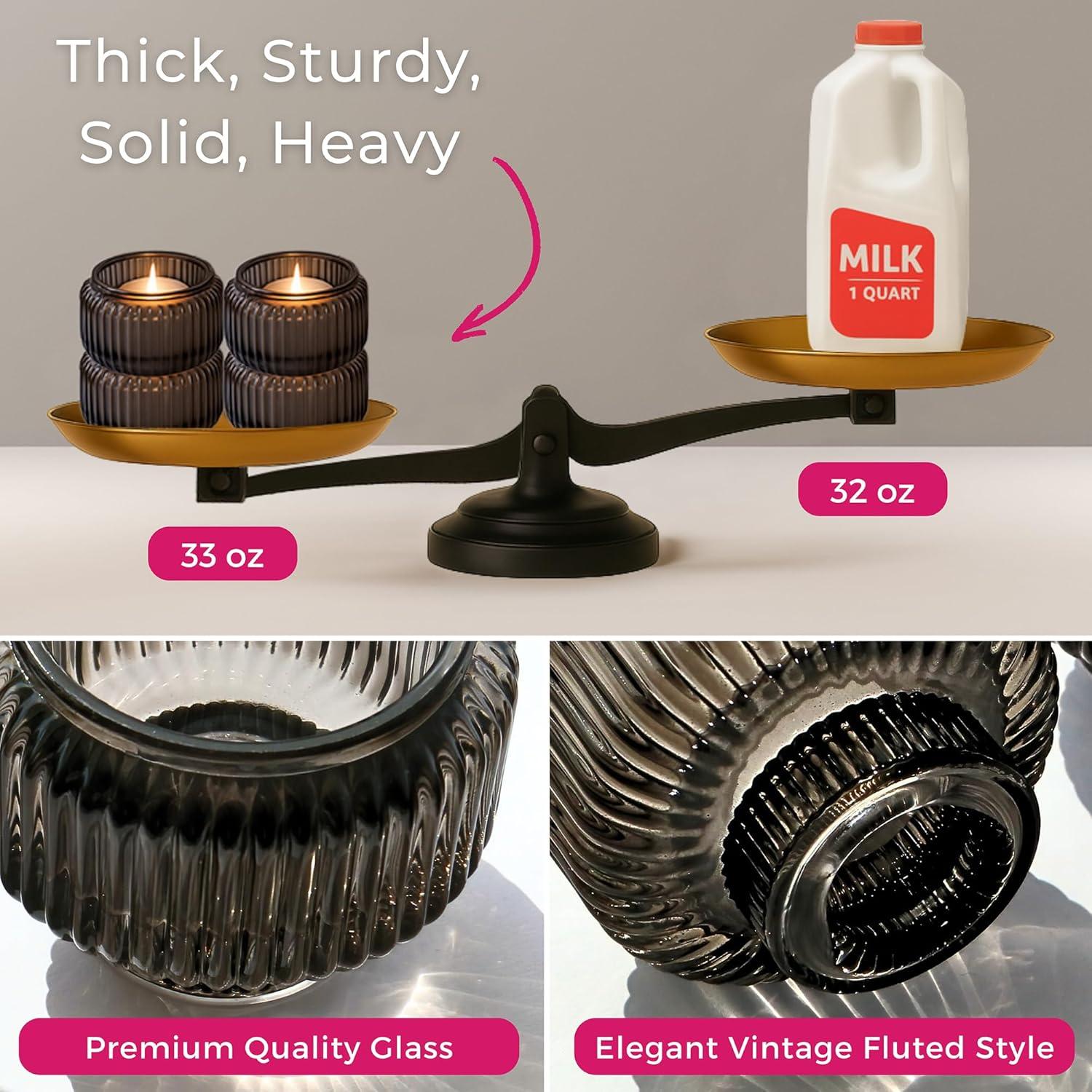 imageKate Aspen Rose Gold Taper Candle Holders for Candlesticks Set of 4 Ribbed Glass Candlestick Holders Votive Candle Holder Decor Accents Pink Room Styling Wedding ampamp Home Centerpieces Table DecorSmoke Grey