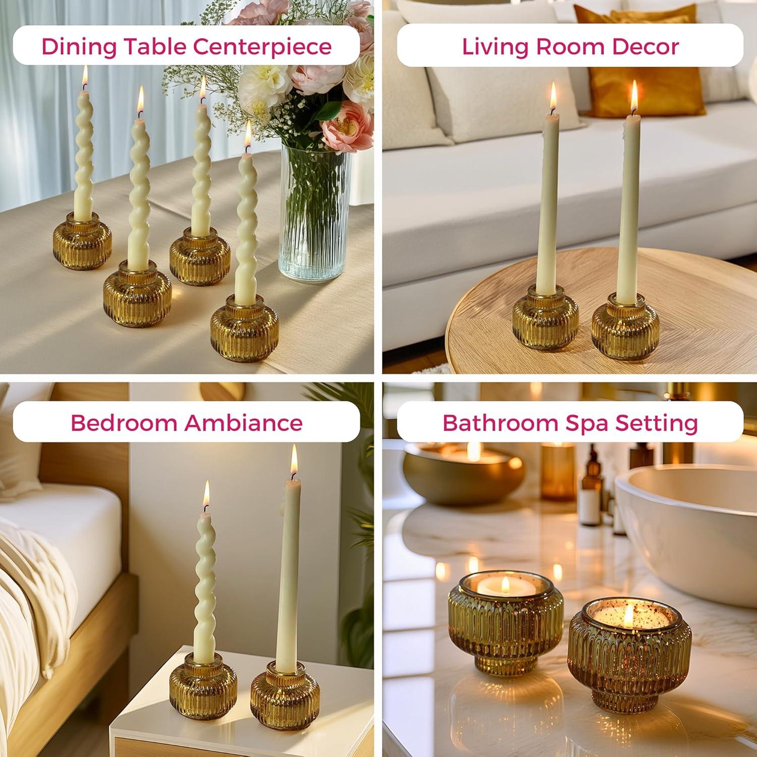 imageKate Aspen Rose Gold Taper Candle Holders for Candlesticks Set of 4 Ribbed Glass Candlestick Holders Votive Candle Holder Decor Accents Pink Room Styling Wedding ampamp Home Centerpieces Table DecorGold