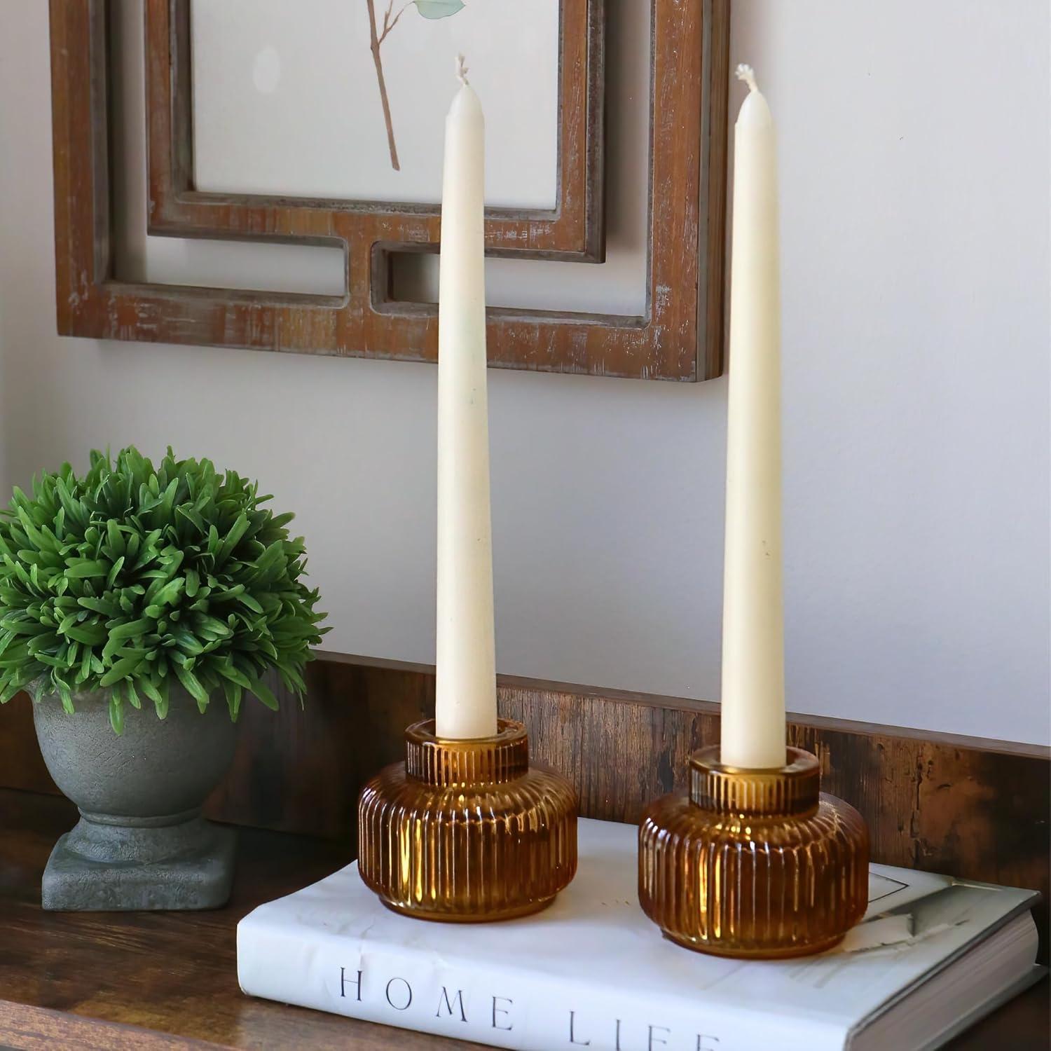 imageKate Aspen Rose Gold Taper Candle Holders for Candlesticks Set of 4 Ribbed Glass Candlestick Holders Votive Candle Holder Decor Accents Pink Room Styling Wedding ampamp Home Centerpieces Table DecorAmber