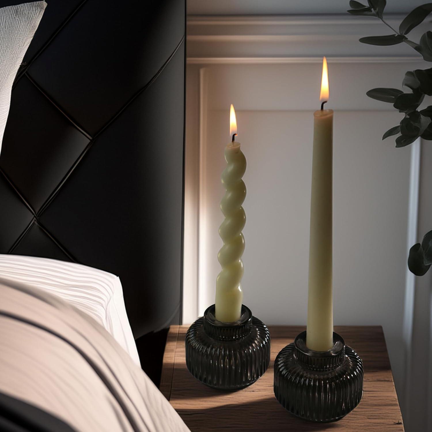 imageKate Aspen Rose Gold Taper Candle Holders for Candlesticks Set of 4 Ribbed Glass Candlestick Holders Votive Candle Holder Decor Accents Pink Room Styling Wedding ampamp Home Centerpieces Table DecorSmoke Grey