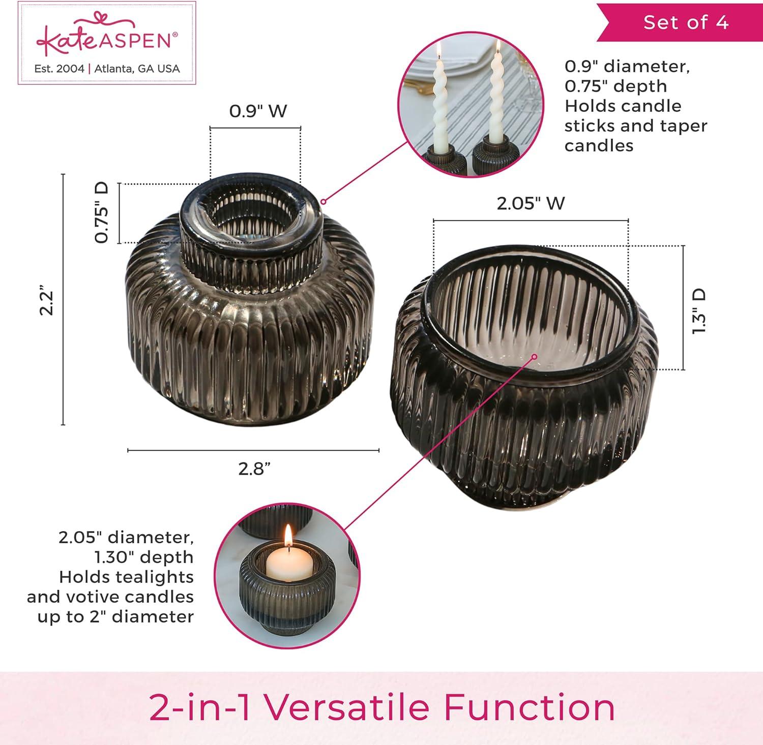 imageKate Aspen Rose Gold Taper Candle Holders for Candlesticks Set of 4 Ribbed Glass Candlestick Holders Votive Candle Holder Decor Accents Pink Room Styling Wedding ampamp Home Centerpieces Table DecorSmoke Grey