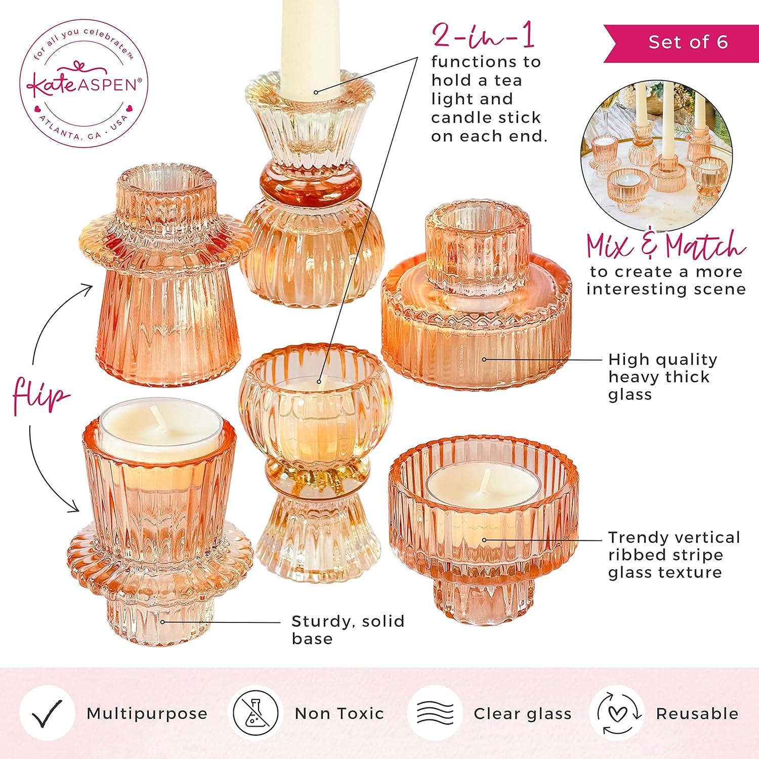 imageKate Aspen Rose Gold Taper Candle Holders for Candlesticks Set of 4 Ribbed Glass Candlestick Holders Votive Candle Holder Decor Accents Pink Room Styling Wedding ampamp Home Centerpieces Table DecorRose Gold