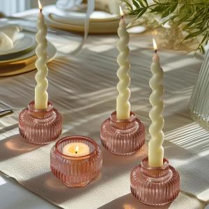 Kate Aspen Rose Gold Taper Candle Holders for Candlesticks Set of 4, Ribbed Glass Candlestick Holders, Votive Candle Holder Decor Accents, Pink Room Styling, Wedding & Home Centerpieces, Table Decor(Rose Gold)