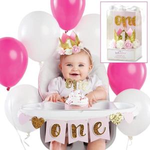 Kate Aspen, Gold Glitter 1st Birthday Decor Kit, Baby Birthday Decorations Set, Banner,00233NA, Gold/Pink/White
