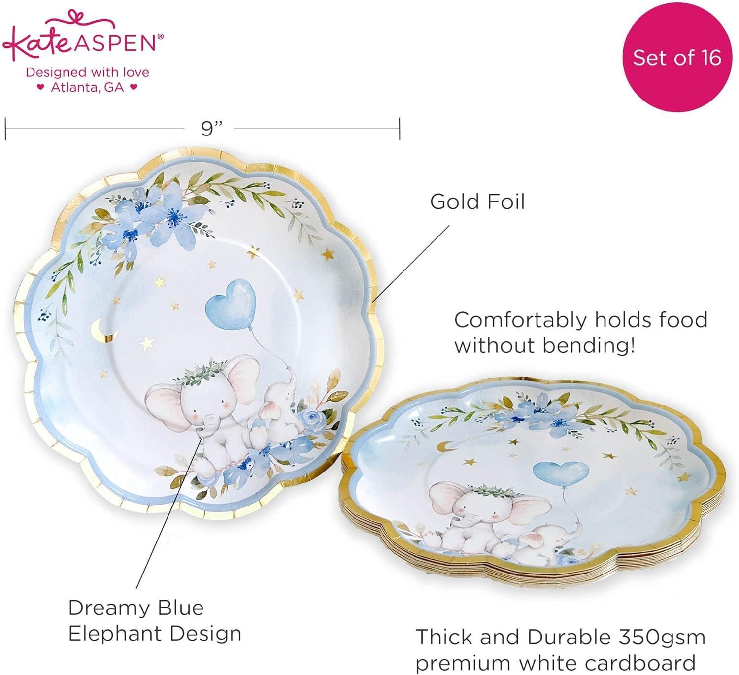 imageKate Aspen Elephant Baby Shower 7 in Premium Decorative Paper Plates 350 GSM weight Set of 16 Party Supplies9 Inch