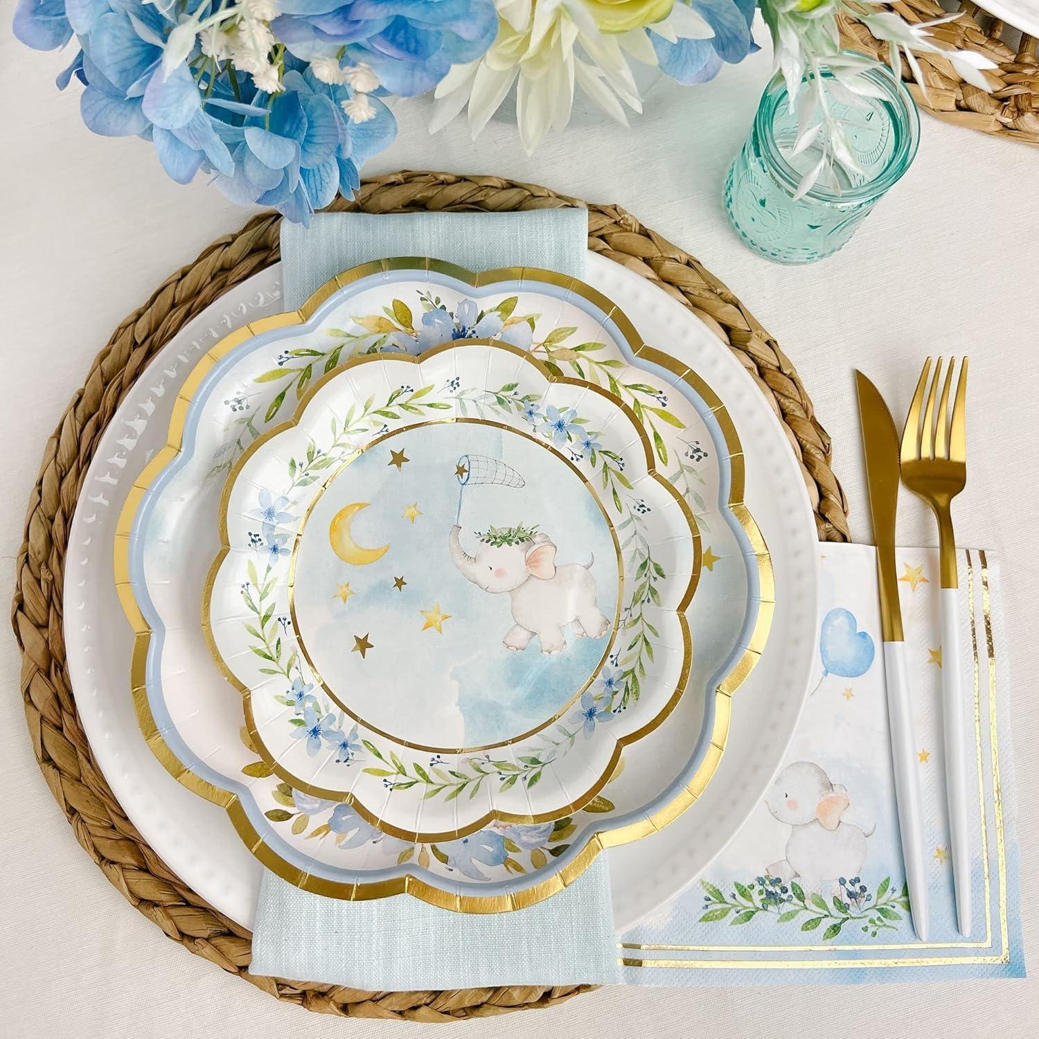 imageKate Aspen Elephant Baby Shower 7 in Premium Decorative Paper Plates 350 GSM weight Set of 16 Party Supplies9 Inch