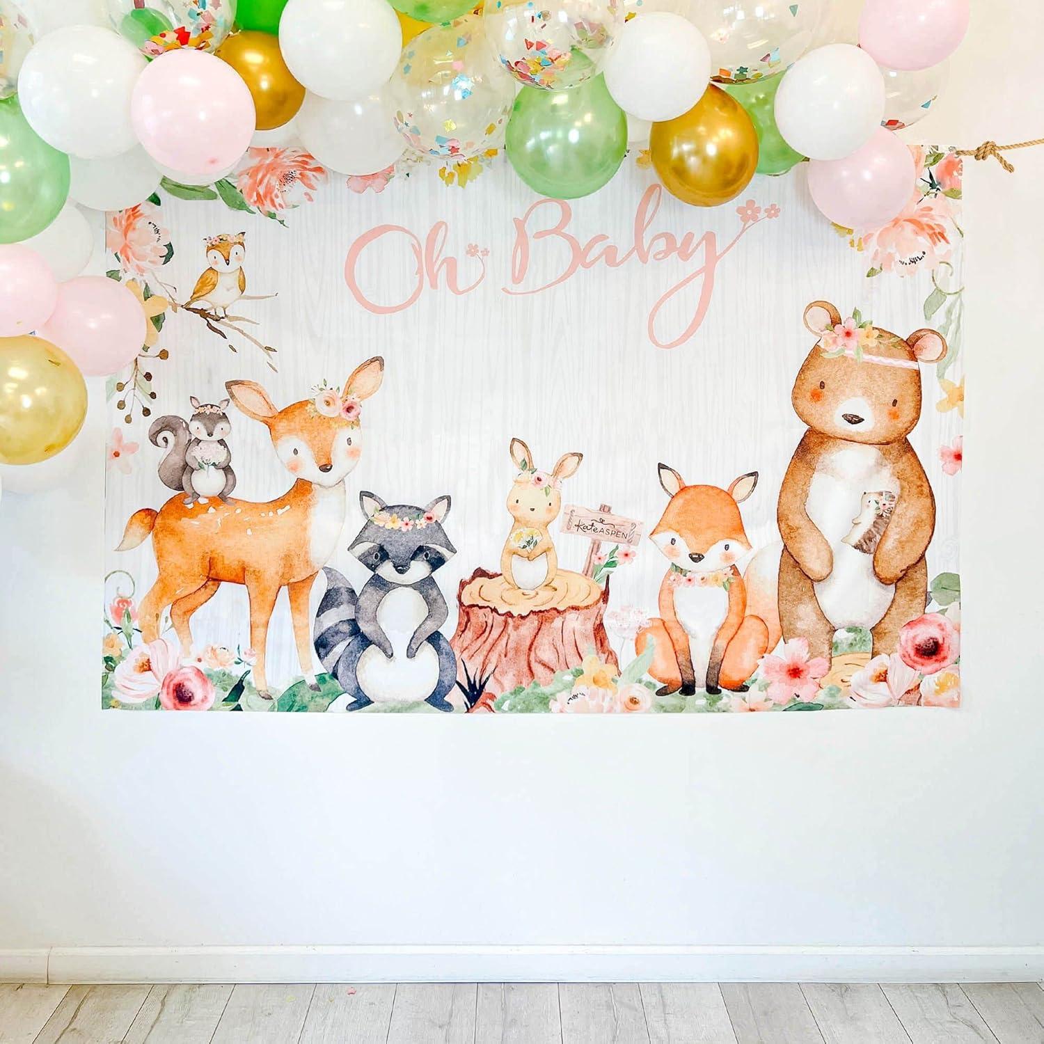image:imageKate Aspen Woodland Baby Shower Decorations Photo Backdrop BannerPhoto PropPhoto Booth Nursery DecorPink Woodlands