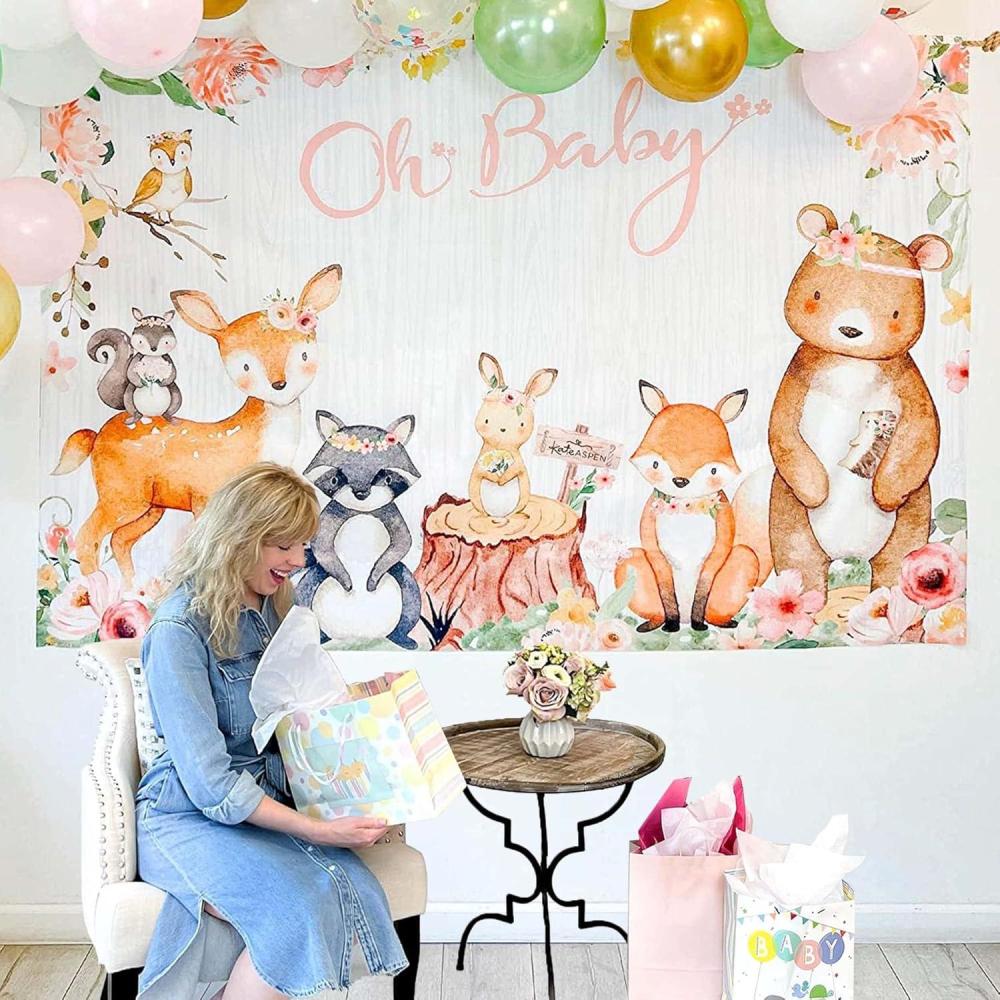 image:imageKate Aspen Woodland Baby Shower Decorations Photo Backdrop BannerPhoto PropPhoto Booth Nursery DecorPink Woodlands