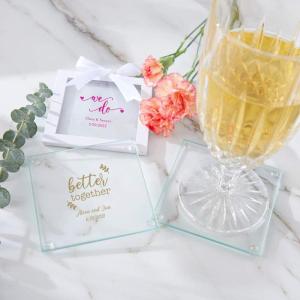 Kate Aspen Personalized Glass Coasters, 3 1/2″ Square Favor Decor for Wedding, Bridal Shower Party with Customized Designs Text Lines – 36pcs/Black(Black)