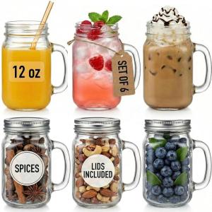 Kate Aspen Large Glass Jars with Lids and Handles, Mason Jars Mugs, Drinking Glass and DIY Favor Decor, Wide Mouth, 12 oz. (1)(12 Oz Mason Jar w/ Handle and Lid)